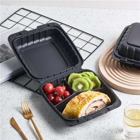 8X8" 3-Compartment 50-Pack Plastic Clamshell Takeout Food Trays Heavy Duty - Picture 6 of 7